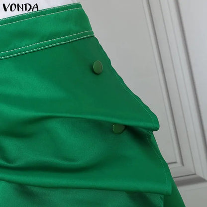 VONDA Plus Size 5XL Elegant Women Satin Skirts High Waist Button Pleated Asymmetrical Maxi Jupes Fashion Solid Long Faldas Saia