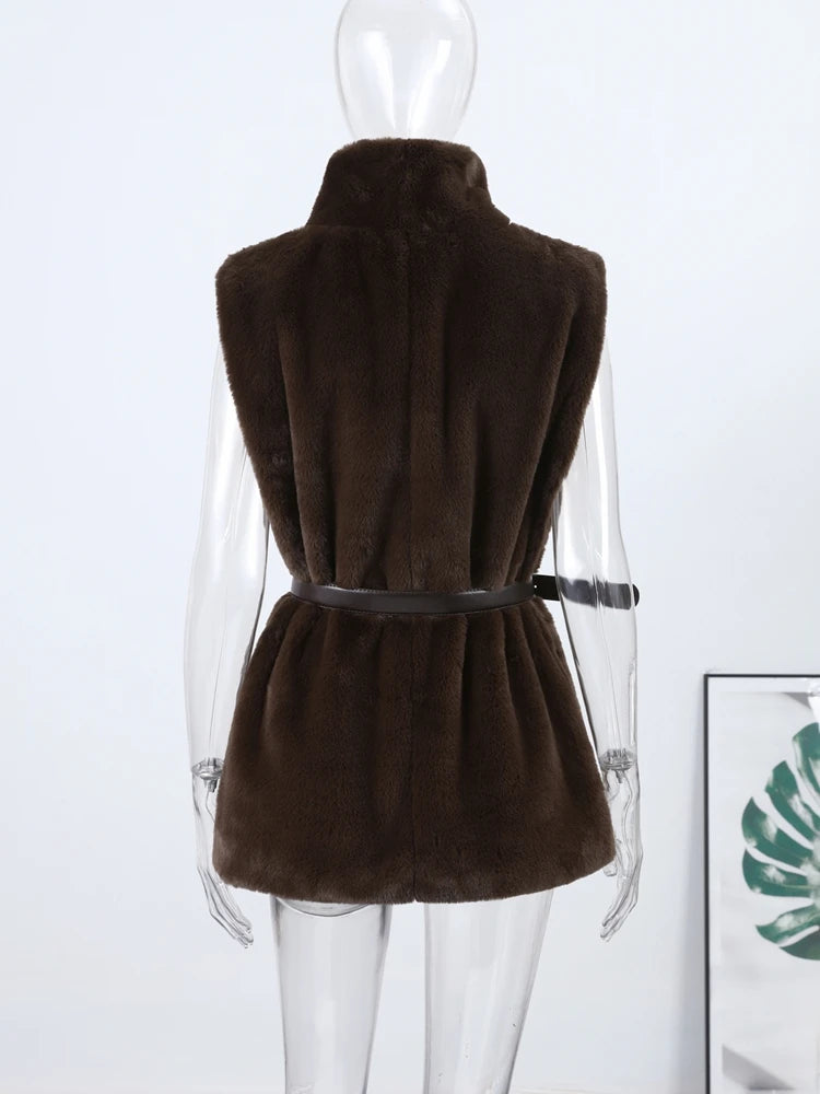 Luxury Faux Fur Hooded Pullovers Women's Loose Full Sleeve Stand Collar Pocket Coats 2025 New Autumn Winter Ladies Solid Outwear