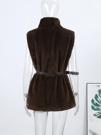 Luxury Faux Fur Hooded Pullovers Women's Loose Full Sleeve Stand Collar Pocket Coats 2025 New Autumn Winter Ladies Solid Outwear