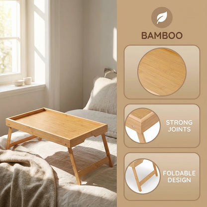Portable Multifunctional Bamboo Bed Tray Table with Folding Legs Breakfast in Bed Tray for Sofa Serving Eating Working Reading