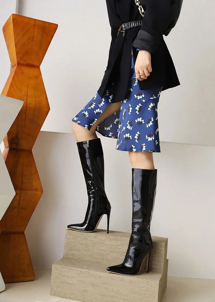 Winter Short Plush Long Boots For Ladies Black Pointed Toe Knee-High Boots Large Size Shoes Fashion Women Career High Heels 46