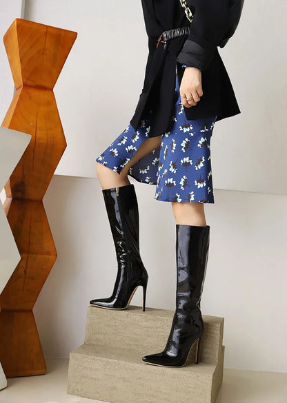 Winter Short Plush Long Boots For Ladies Black Pointed Toe Knee-High Boots Large Size Shoes Fashion Women Career High Heels 46