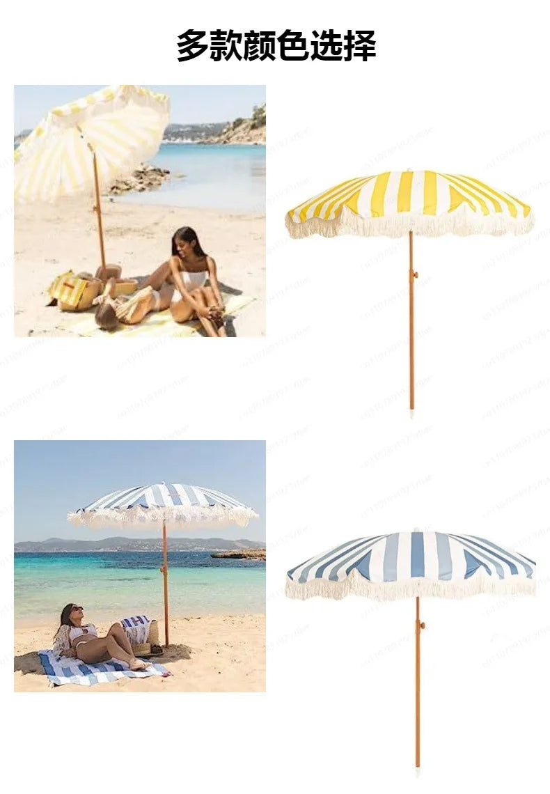 2m yellow striped umbrella with tassels, outdoor shade, beach umbrella, courtyard camping, sun protection