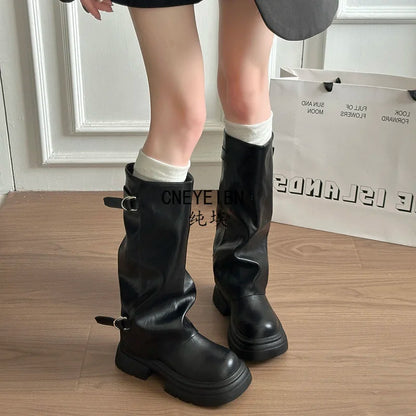 Women Double Buckle Slouch Knee High Boots Round Toe Platform Thick Sole Leather Tall Boots Street Casual Daily Ladies Boots