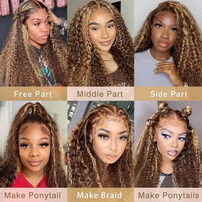 Highlight Curly Wig 13x4 Lace Front Wig Human Hair Wigs 13x4 Human Hair Deep Wave Lace Frontal Wig 4/27 Colored Wigs PrePlucked