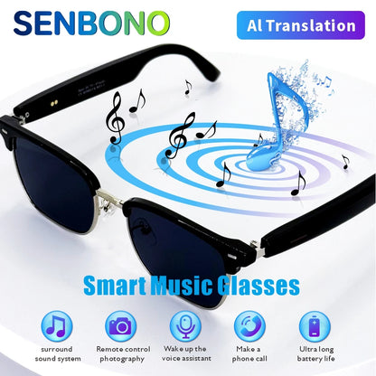 SENBONO Fashion Smart Glasses AI Translation 144+ Languages Real-time Translator BT Call Play Music Camera Control for Men Women
