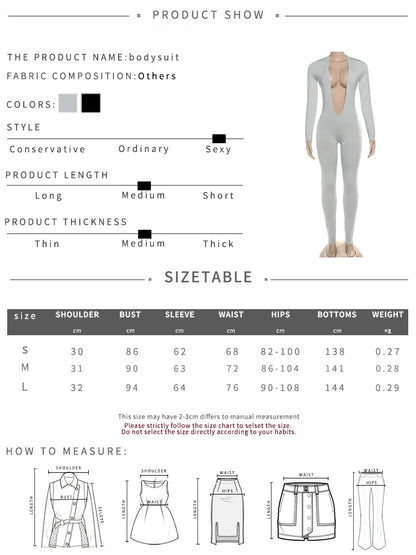 Nibber Backless Jumpsuit Women Deep v-Neck Long Sleeve Solid Skinny High Stretch Sexy Midnight Coquette Basis Wild Fall Outfits