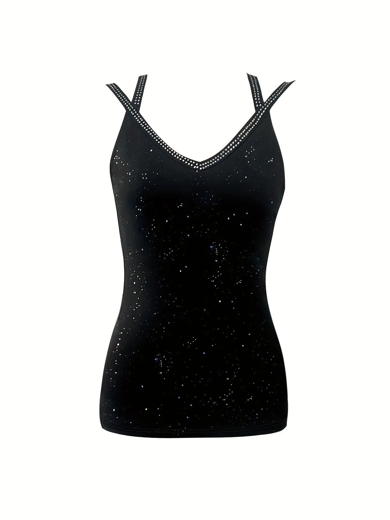 Women's Fashion Tank Top Camisole Glitter Rhinestone V-Neck Cami Tops Cross Strap Vest Female Night Club Wear Summer New Clothes