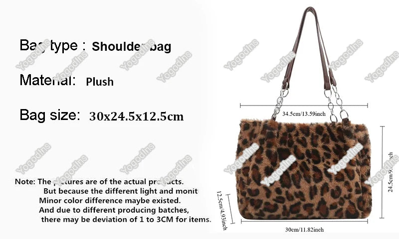 New Leopard Print Fur Bags Women Fashion Portable Faux Fur Handbags Winter Soft Warm Bag Girls Fluffy Large Capacity Tote Purse