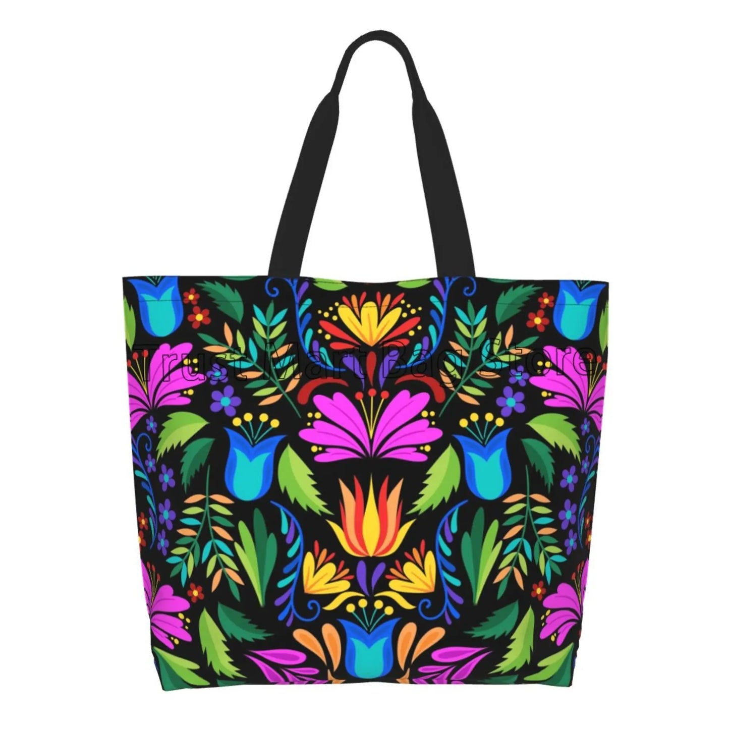 Mexican Ethnic Flowers Tote Bag Large Capacity Zipper Women Grocery Bags Purse Shopping Handbags Casual Travel Shoulder Bag