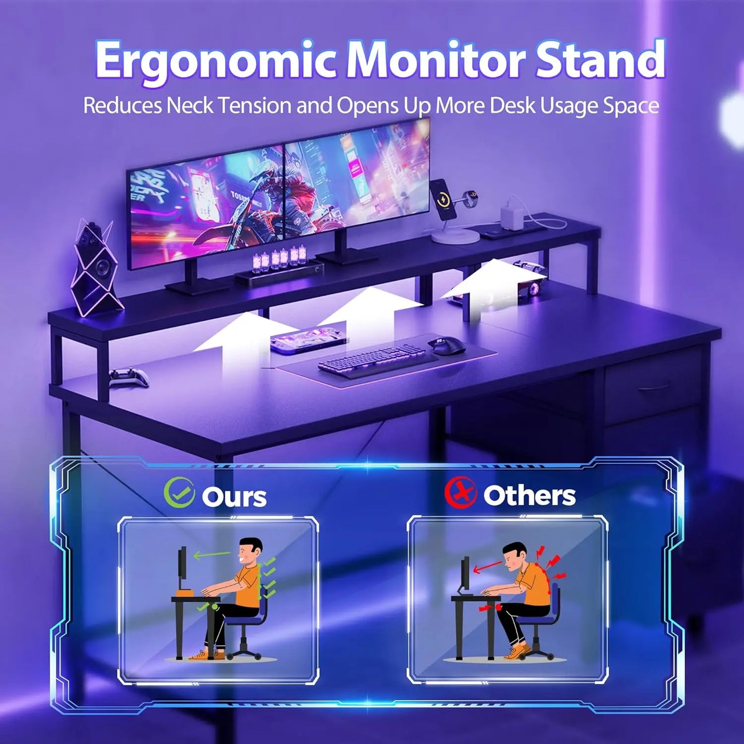 55-inch Gaming Desk with Power Outlets, LED Lights, 3 Drawers & Monitor Stand for Home Office and Small Spaces, Black