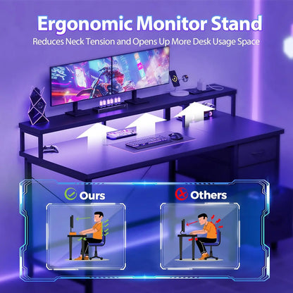 55-inch Gaming Desk with Power Outlets, LED Lights, 3 Drawers & Monitor Stand for Home Office and Small Spaces, Black