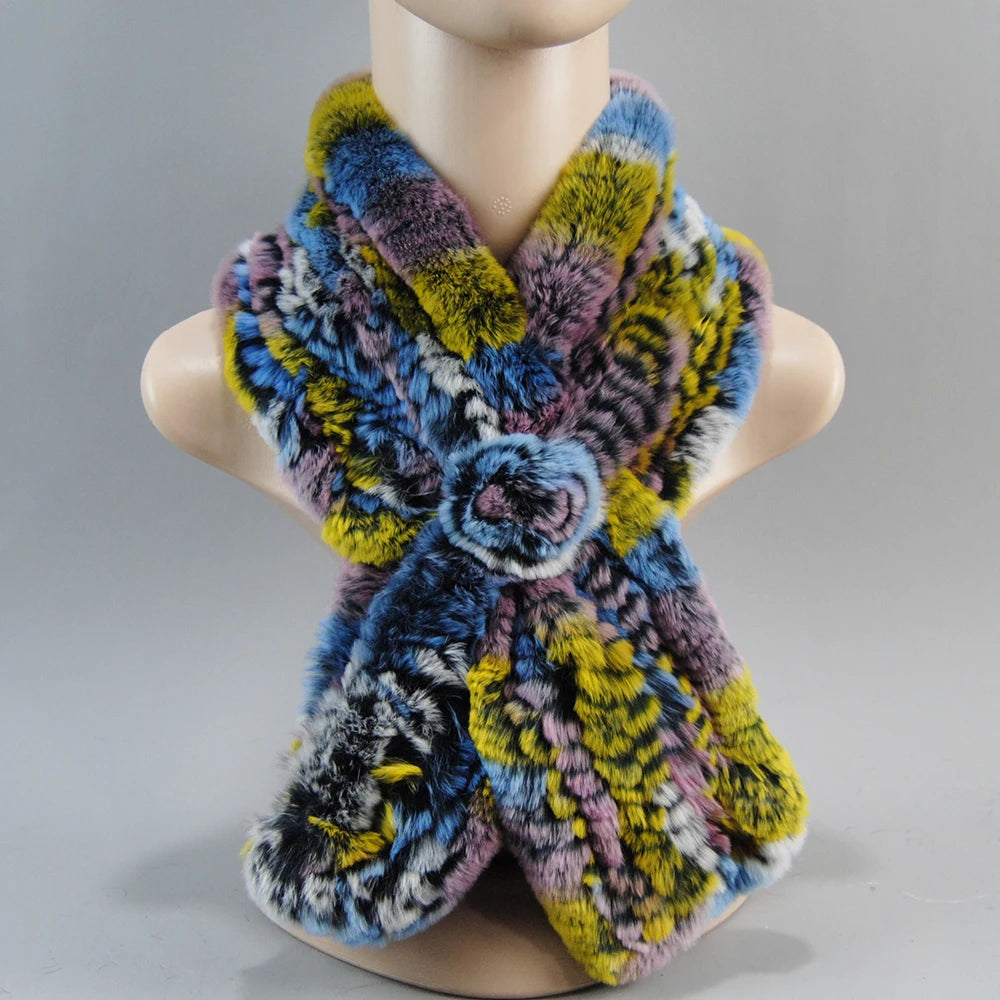 Hot Russian Women Knit Real Rex Rabbit Fur Scarf Lady Fashion Floral Rex Rabbit Fur Mufflers Hot Winter Warm Natural Fur Scarves