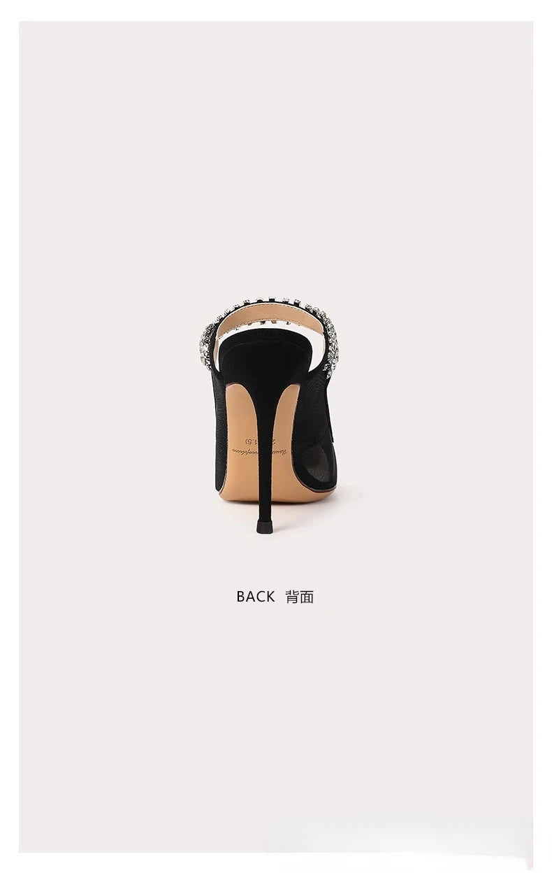 2024 New One Word Water Diamond Women's Summer Baotou Mesh Fine Heels Pointed High Heels Black Slippers