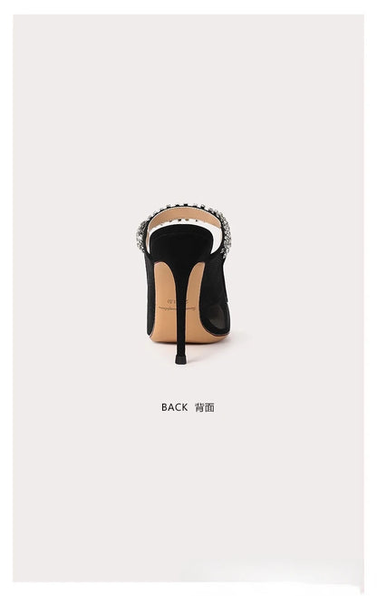2024 New One Word Water Diamond Women's Summer Baotou Mesh Fine Heels Pointed High Heels Black Slippers