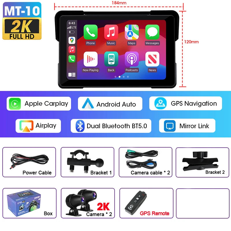 7 inch Portable Motorcycle Navigation Support 2K Camera  IPX7 Waterproof LCD Display For Wireless CarPlay Android Auto