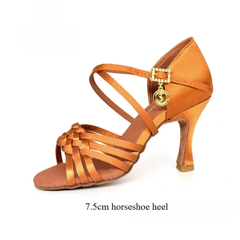 SW Latin Dance Premium Elegant Professional Women's Medium High Heel Soft Sole Ballroom Competition Dance Shoes for Practice