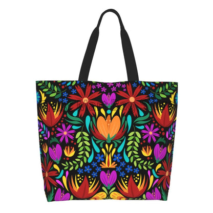 Mexican Ethnic Flowers Tote Bag Large Capacity Zipper Women Grocery Bags Purse Shopping Handbags Casual Travel Shoulder Bag
