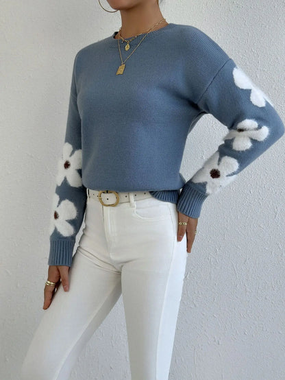 Ladies Clothes Sueter Flower Print Loose Round Neck Long Sleeve Autumn Winter Versatile Pullover Sweater Autumn Clothing Womens