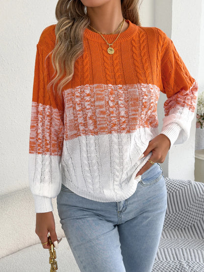 Woman Casual Color Block Striped Sweater Round Neck Lantern Long Sleeve Twist Knitted Tops for 2025 Autumn Winter Women Clothes