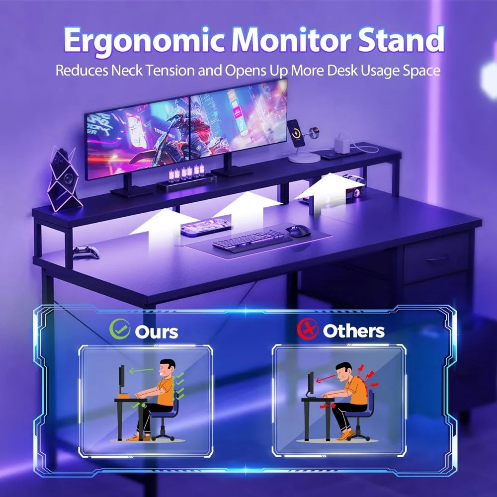 55-inch Gaming Desk with Power Outlets, LED Lights, 3 Drawers & Monitor Stand for Home Office and Small Spaces, Black