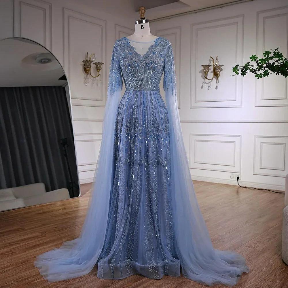 Luxury Elegant Rose Gold Beaded A Line Evening Dress with Cape Sleeves for Formal Party Serene Hill 2026 Customized CLA73056