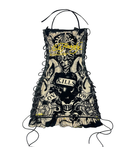 Joskaa Halter Printed Y2k Line Up Wacky Contrast Dress Women Gothic Party Sexy Hollow Bandage Halloween Makeup Dresses Outwear