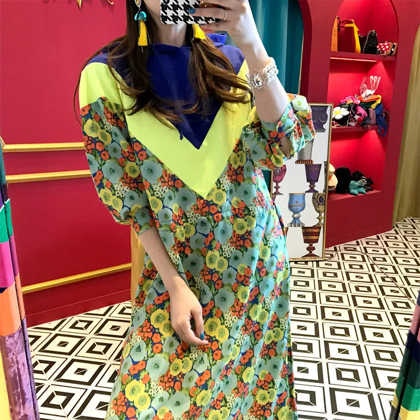 Chic Retro Floral Print Hooded Long Sweater Dr Women's High Waist Color Blo Waisand Casual Comfortable Autumn Dr