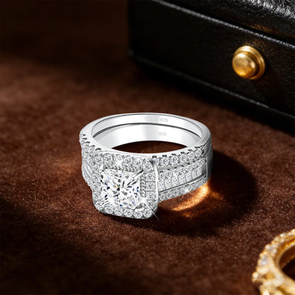 2Pcs 925 Silver Wedding Rings Set for Women Princess Cut White Moissanite Halo Engagement Bridal Ring Vintage Luxury Jewelry