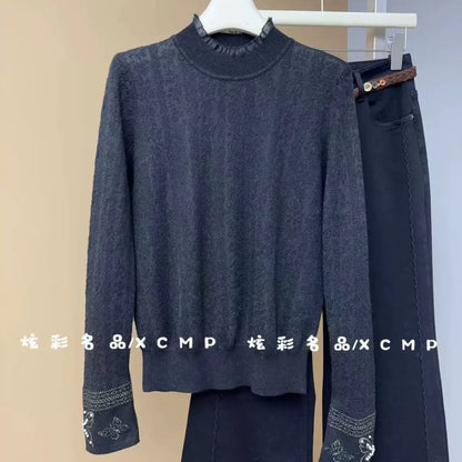 Women Clothes Autumn Winter Fashion Simplicity Lace Patchwork Knitting Half High Collar Female Solid Color Temperament Bottoming