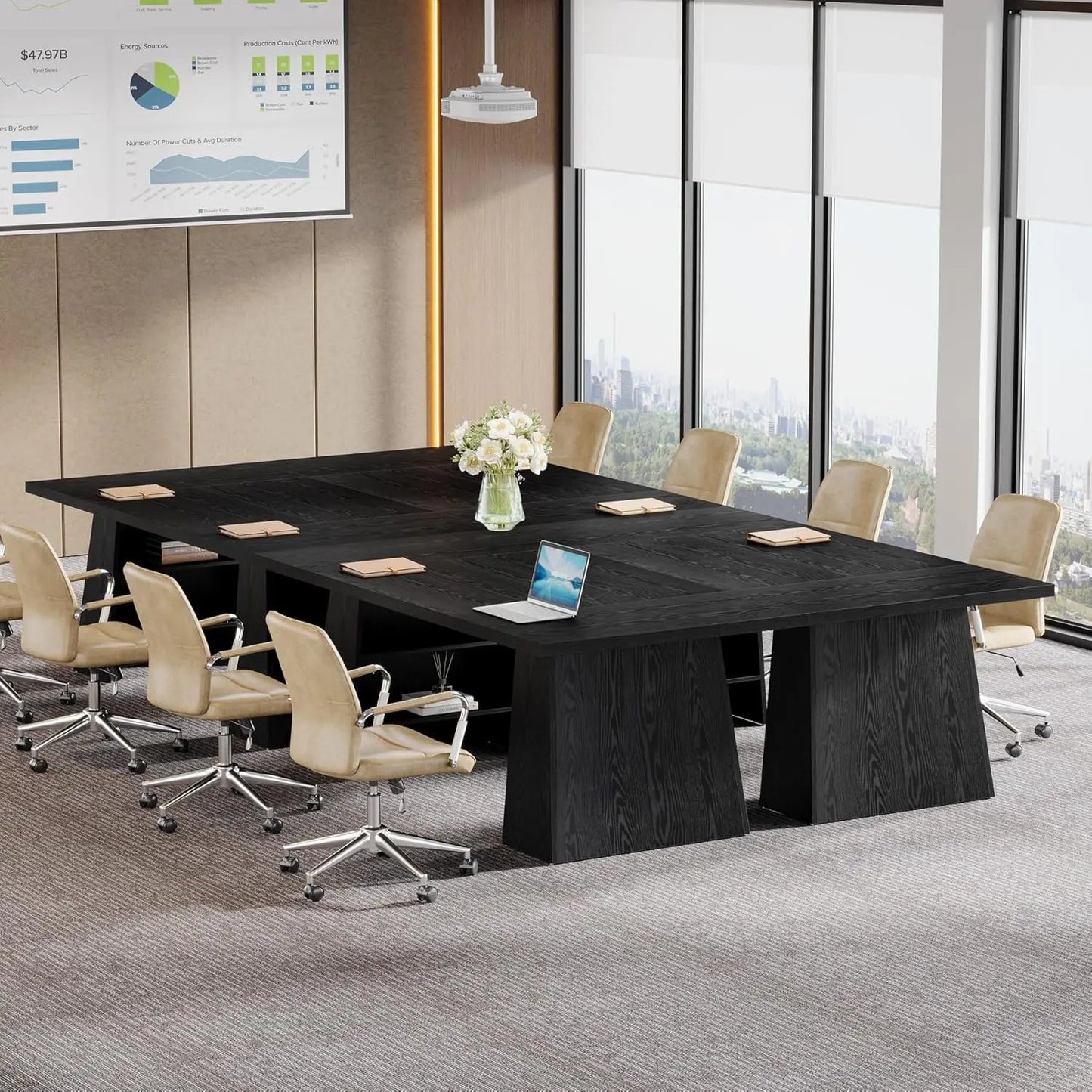 63-Inch Executive Desk, Modern Black Office Desk with Double Pedestal and Storage Shelves, Simple Large Computer, Customized