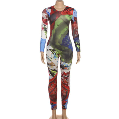 SsTss Elegant Printed Jumpsuit Women 2025 Autumn Fashion O Neck Long Sleeve Slim Stretchy Streetwear Casual One Piece Rompers
