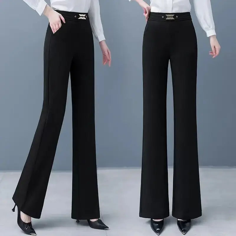 Women's Red High Waist Flare Pants With Metal le Detail Casual Long Trousers
