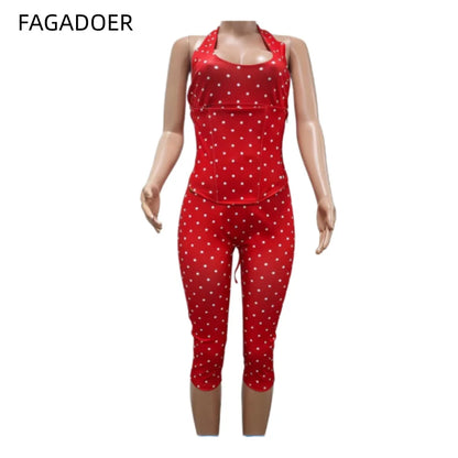 FAGADOER Sexy Polka Dot Print Bodycon Jumpsuits Woman Halter Deep V-neck Backless Rompers Female Streetwear Overalls 2026 New