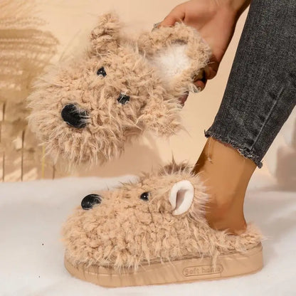 Cartoon Puppy Fluffy Fur Indoor Slippers Women 2025 Winter Thick Bottom Furry Mules Slippers Warm Plush Home Slides for Womon