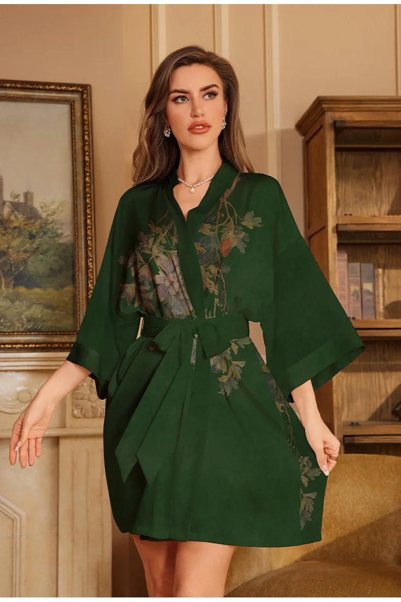 Navy Blue Print Flower Robe Nightgown Silk Satin Female Sleepwear Nightdress Spring Summer Loose Kimono Bathrobe Gown Home Wear