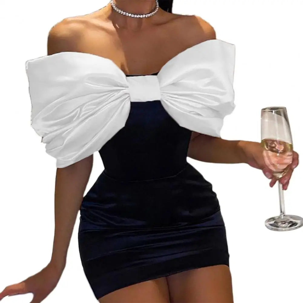 Simple  Sexy Chest Wrap Design Bodycon Dress Above Knee Length Mini Dress Short Sleeve   for Going Out