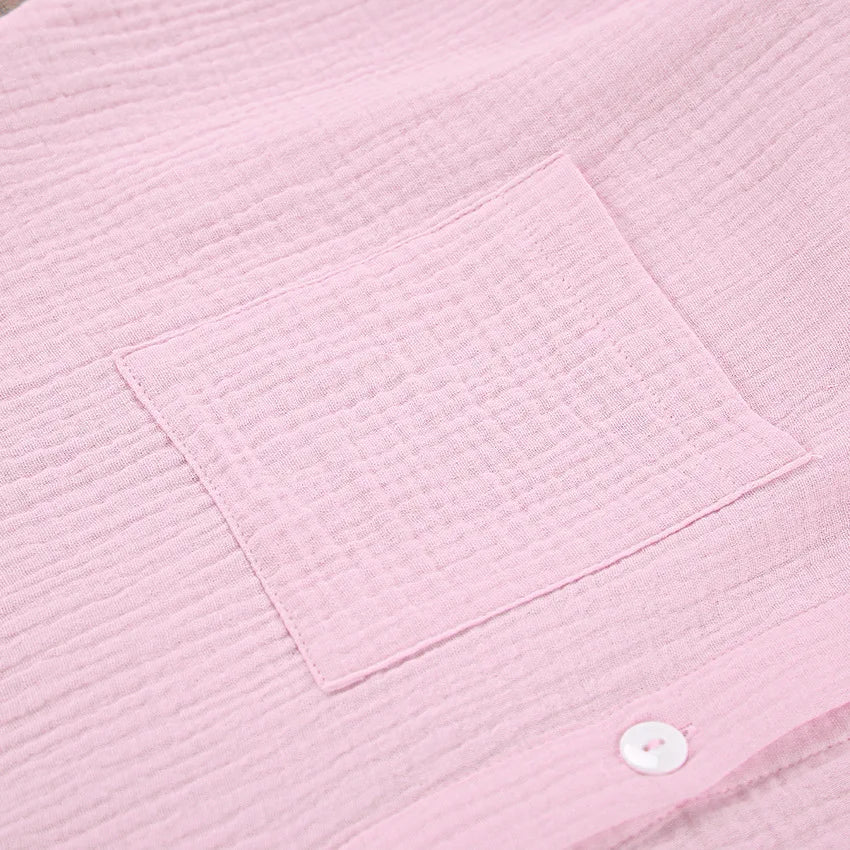 Casual Crape Cotton Pink Two Pieces Sets Women Lace Lantern Sleeve Shirts And Baggy Shorts Sleepwear Spring Summer