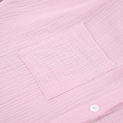 Casual Crape Cotton Pink Two Pieces Sets Women Lace Lantern Sleeve Shirts And Baggy Shorts Sleepwear Spring Summer