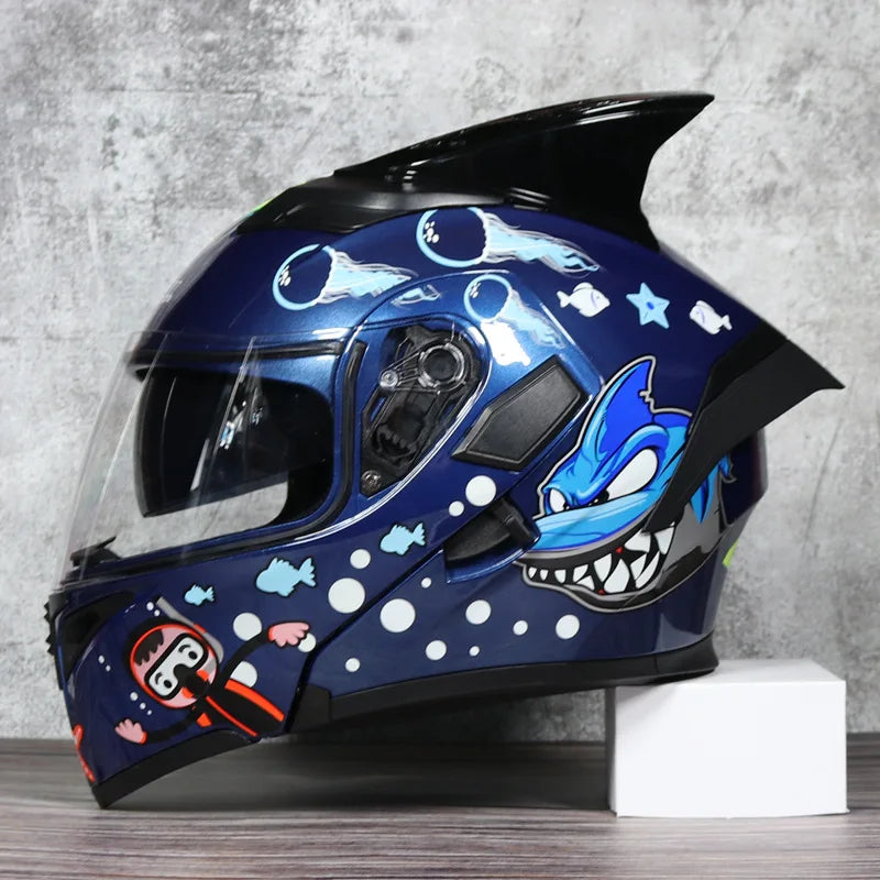 JIEKAI Motorcycle Flip Up Helmet Personality Horn Tail Motorbike Motocross Shark Moto Helmet Technology Design Full Face Casco