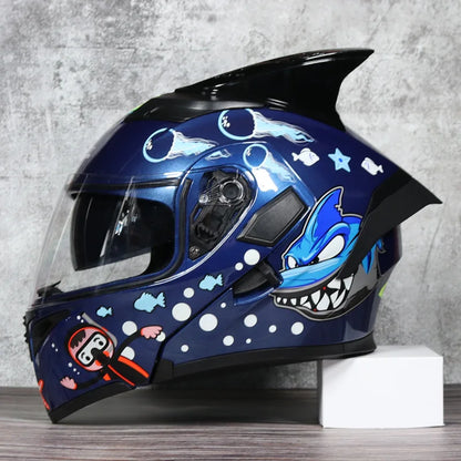 JIEKAI Motorcycle Flip Up Helmet Personality Horn Tail Motorbike Motocross Shark Moto Helmet Technology Design Full Face Casco