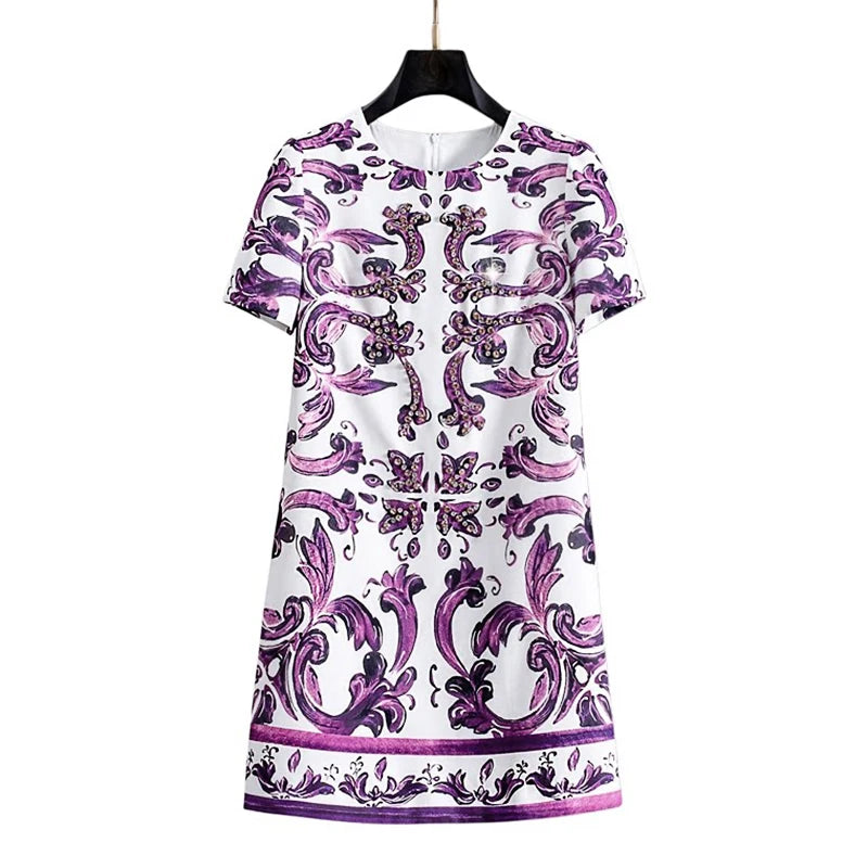 Women Purple Blue and White Porcelain Print Dress Beaded Short Sleeve Loose Straight Summer Casual Midi Dress 2026