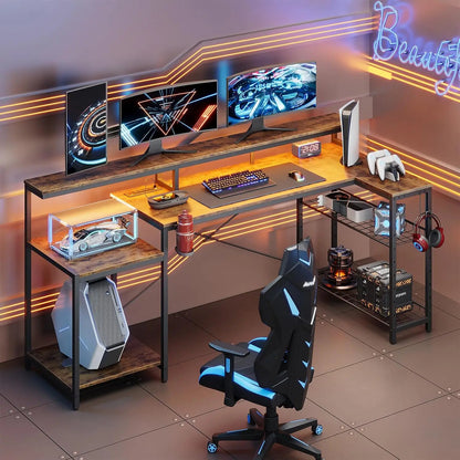 71.5 inch Computer Desk with Power Outlets, LED Large Home Office Desk with Monitor Stand, L Shaped Corner Desk, Customized