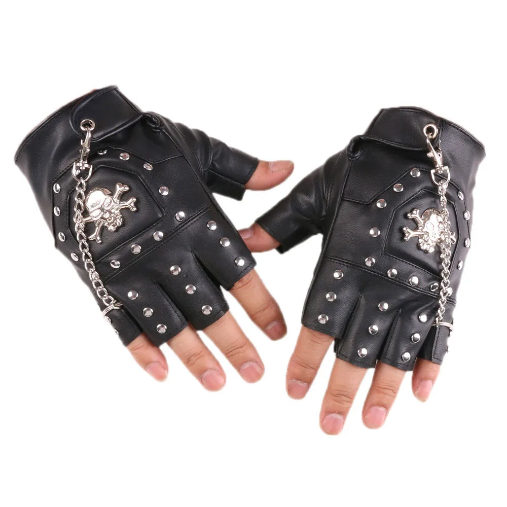 Skull Rivet Gloves Street Dance Men Fashion Punk Couple Chain Gloves Nightclub Women Waterproof PU Leather Half Finger Gloves