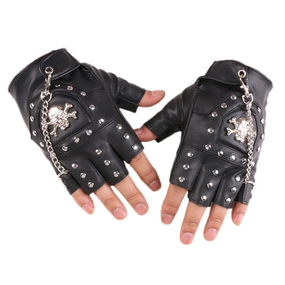 Skull Rivet Gloves Street Dance Men Fashion Punk Couple Chain Gloves Nightclub Women Waterproof PU Leather Half Finger Gloves