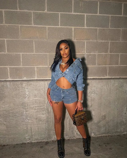 Autumn Outfits for Women 2024 Denim Jacket Shorts Two Piece Sets Streetwear Diamonds Distressed Short Pants Buttons Coat Suit