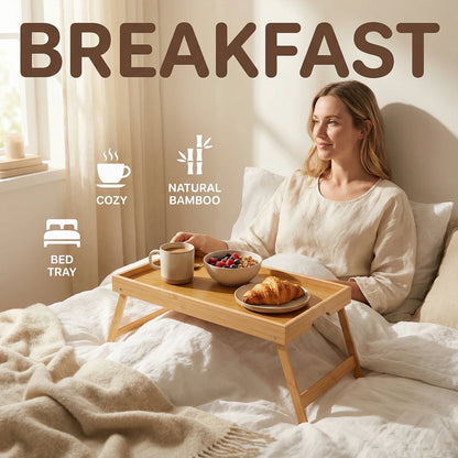 Portable Multifunctional Bamboo Bed Tray Table with Folding Legs Breakfast in Bed Tray for Sofa Serving Eating Working Reading