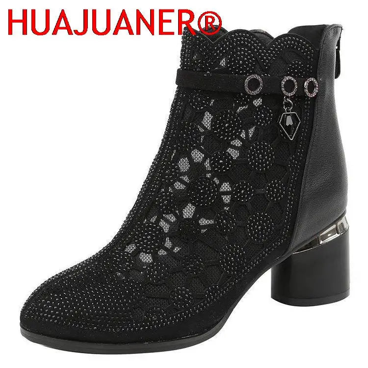 2026 Spring Summer Fashion Rhinestones Gauze Sandals Thick Heels Mesh Autumn Ankle Boots Female Hollow Women's Shoes