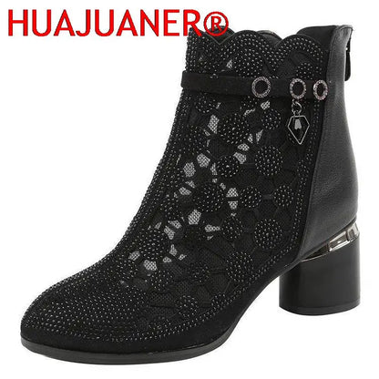 2026 Spring Summer Fashion Rhinestones Gauze Sandals Thick Heels Mesh Autumn Ankle Boots Female Hollow Women's Shoes