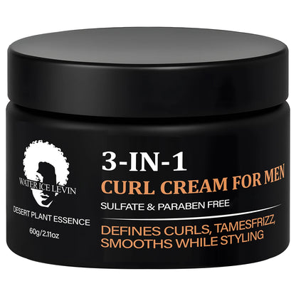 Men's 3-IN-1 Curl Cream with Coconut Oil & Collagen Defines Curls Tames Frizz Smoothes Styling Sulfate Free 60g